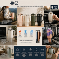 Gobelet isotherme en acier inoxydable de 40 oz à motif floral avec poignée et paille, garde au chaud et au froid pendant 6 à 12 heures