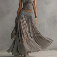 Ensemble deux pièces bohème pour femme : haut court à manches courtes et jupe longue plissée transparente avec taille en dentelle – Style streetwear estival