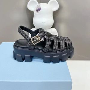 Sandales compensées en raphia tressé pour femme, à boucle, semelle épaisse, décontractées, pour le quotidien, chaussures de créateur - Product Image 4