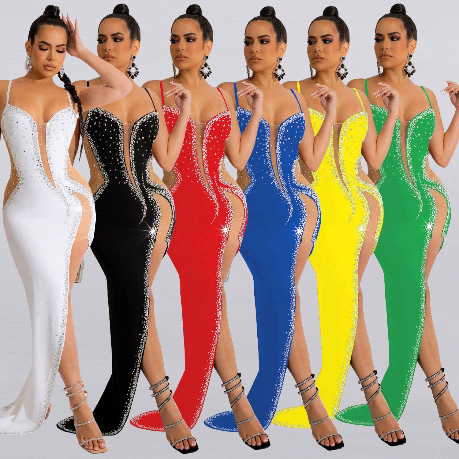 RHG 2022 Ins Sleeveless Formal Club Dress Solid Diamond Spaghetti Strap Sexy Mesh Rhinestone Celebrity Party Evening Maxi Dress