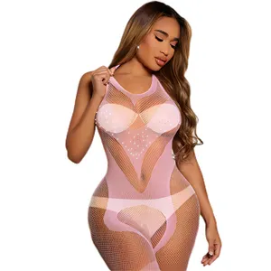 Wholesale Nylon See Through Pink Rhinestone Open Crotch Lingerie Women Sexy Fish Net Body Stockings