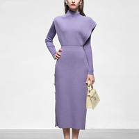 Nouvelle arrivée du printemps, robe en deux pièces en tricot formelle pour femmes, style A-ligne, mi-longue, avec manches longues et col montant