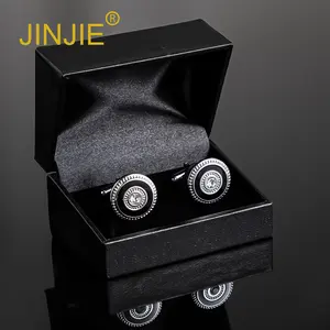 JINJIE New design high end French metallic pattern diamond enamel cufflinks for men silver