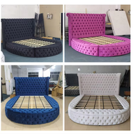 Lit circulaire rembourré en velours gris doux, design luxueux, meubles de chambre à coucher, lit California King Size avec rangement