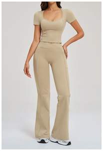 <b>Women</b> Yoga Set <b>Tight</b> Fashion Cutting Line High-Waisted Crop Top Bell Bottoms Outdoor Running Casual Sport Set Pockets - Product Image 2