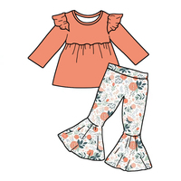 Ensemble de vêtements pour enfants en fibre de bambou imprimé sur mesure, chemisier à manches longues à col rond et pantalon évasé pour filles, tenue quotidienne pour enfants, 2 pièces
