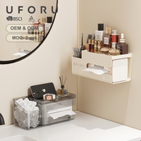 UFORU Distributeur de mouchoirs mural sans perçage, distributeur de serviettes de toilette 2-en-1, organisateur de salle de bain avec étagère supérieure