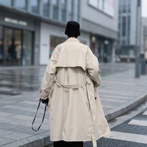 Manteau trench coréen pour homme, style streetwear, coupe-vent, uni, décontracté, ample, long, beige - Product Image 3
