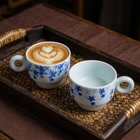 핸드페인팅 언더글레이즈 블루 이탈리안 에스프레소 컵 라떼 아트 머그잔 (신선한 꽃 디자인 세라믹 커피잔)