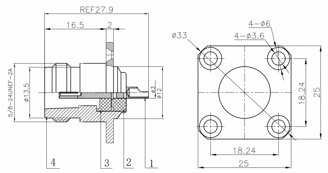 Connecteur RF N-KF Connecteur coaxial RF carré N à quatre trous Connecteur à bride femelle de type N