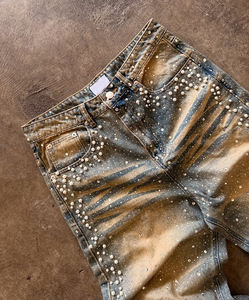 Maßgefertigte Herren Hip-Hop-Style Vintage-Waschung Komplett mit Strasssteinen Besetzte Jeans für Männer - Product Image 3