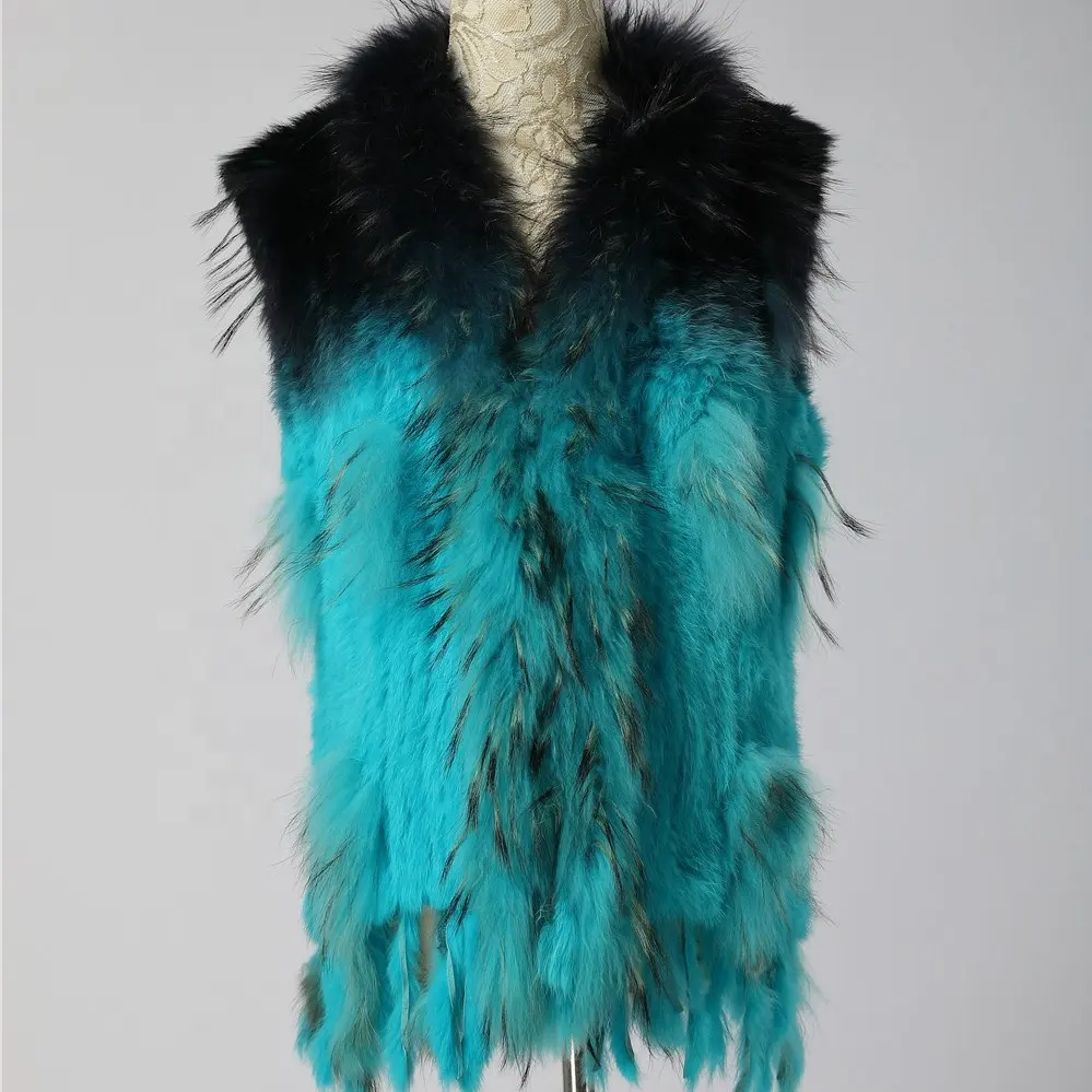 2020 Hot Selling Ins Loose Fluffy Blue Black Gradient Winter Gilet Knitted Women Rabbit Fur Vest