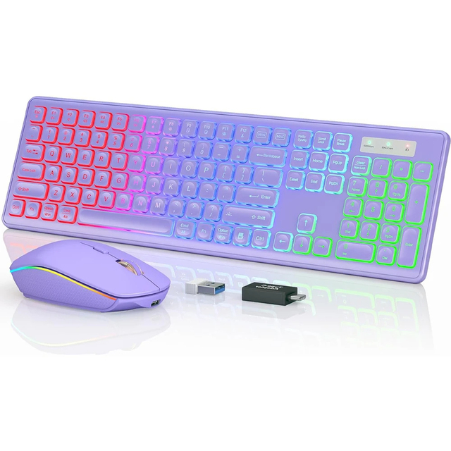 Wireless 2.4G USB Keyboard Mouse Combo RGB Backlit Full-Size Ergonomic Quiet Keyboard Desktop Office Educational Use in Stock