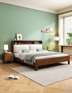 Cadre de lit en bois massif de haute qualité avec tête de lit de rangement, lit rembourré avec étagère pour mobilier de chambre - Product Image 4