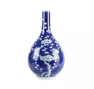 Cinese antico unico girocollo a collo lungo blu e bianco ghiaccio prugna ceramica fiori vasi per la casa