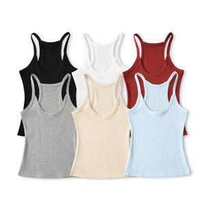 Camiseta sin Mangas <span class=keywords><strong>de</strong></span> Punto Acanalado para <span class=keywords><strong>Mujer</strong></span> con Logotipo Personalizado, Color Sólido, Corte Ajustado, Cuello en U, Ligera, Transpirable, Elástica, <span class=keywords><strong>de</strong></span> Algodón, Informal - Product Image 4