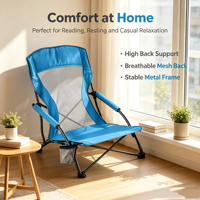 Chaise de camping moderne pliable en acier inoxydable légère avec dossier haut, accoudoirs en maille respirante et porte-gobelet pour la plage, les pique-niques et le jardin