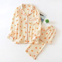Ensemble de pyjama en coton tricoté crêpe pour femmes, long, à porter à l'extérieur, avec un petit imprimé orange, style décontracté sexy pour la maison