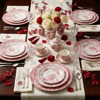 Großhandel Rote Blumenmuster Keramikteller 8/10,5/12 Zoll Set Dekoratives Porzellan-Geschirr für Restaurant Hotel Tischservice