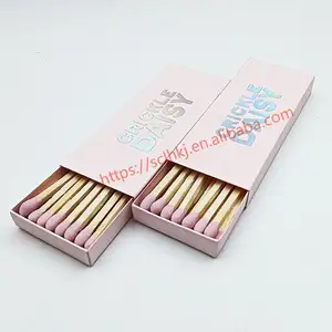 Customized Pink Box Stamped Silver Torch Logo Hotel Home Promotional Long Stick Matches With Custom Matchbox Candle