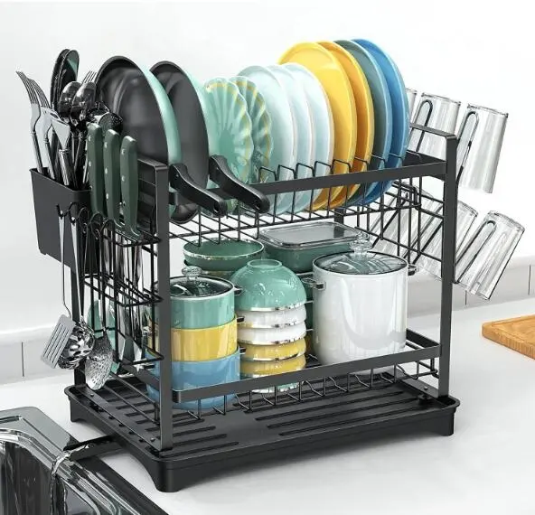 Rak Pengering Piring dengan 2-Tier Rak Piring dengan Drainboard Sendok Garpu Pemegang Cangkir dan Piring Drainer Tahan Karat untuk Meja Dapur