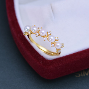 S925 Silver <b>Crystal</b> <b>Ring</b> for Women 4-5mm Mini Pearl Round with Strong Light Five Beads Adjustable Fine Flaws Wholesale - Product Image 2