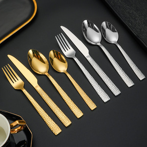 Stainless Steel Steak Knife Fork Spoon <b>Set</b> 4 Pieces Hammered Texture Western Cutlery Dinnerware <b>Set</b> - Product Image 5