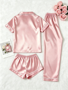 Conjunto de Pijama de Tres Piezas para Mujer, Color Sólido, de Alta Calidad, Ropa de Dormir Informal de Satén para Primavera, <span class=keywords><strong>Verano</strong></span> y Otoño - Product Image 4