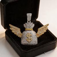 Pendentif Sac d'argent Moissanite Iced Out Hip Hop en Argent S925 Plaqué Or, Testeur de Diamant, avec Symbole Dollar et Ailes