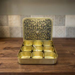 Premium Square Pure Brass Spice Box with 9 Modular Containers Etched Mughal Art Lid Luxury Indian Masala Dani Kitchen Organizer - Product Image 3