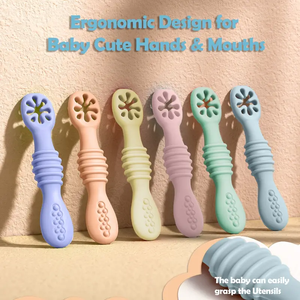 도매 BPA 프리 실리콘 프리 스푼 식기 세트, 1단계 아기 주도 이유식 유아용 식기 훈련용 피딩 스푼 - Product Image 5