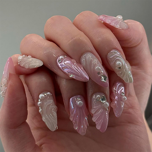 Faux ongles imprimés léopard français 3D avec pointes en diamant, dégradé, perles et strass pour manucure - Product Image 4
