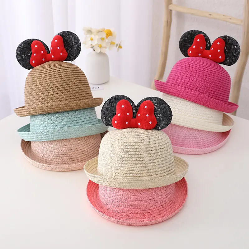 Summer Baby Cartoon Lovely Straw Hat with Mouse Ears Sun Hats Kid Children Beach Caps