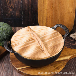 กระทะเหล็กหล่อพร้อมฝาแก้ว 38 ซม. ด้ามจับคู่ ไม่เคลือบสารเคมี หม้อตุ๋นสำหรับทำอาหาร - Product Image 5