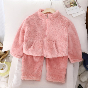 Atacado Outono Inverno 2025 Sólido Casual Plus Veludo Grosso Quente Respirável Zipper Meninos Meninas Crianças Pijama Jacket Sweatpants Set - Product Image 5