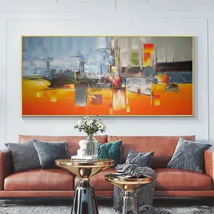 抽象橙色山水画100% 手绘油画画布无框现代家居装饰壁画
