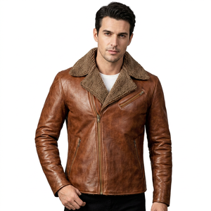 SAAR INDUSTRIES Mens Brown Leather Coated Waterproof Windproof <b>Biker</b> Motorcycle <b>Jacket</b> Genuine Winter Fur Collar Front - Product Image 1
