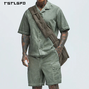 ชุดเซ็ตเสื้อเชิ้ตคอปกพับติดกระดุมและกางเกงขาสั้นคาร์โก้ผ้าฝ้ายแท้ 100% ทรงพลัสไซส์ ล้างสีแบบแอซิดวอช สำหรับผู้ชาย ผลิตตามแบบ OEM - Product Image 4