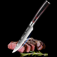 Ensemble de couteaux à steak à lame dentelée motif Damas - Lames en acier inoxydable de qualité supérieure avec manche en Pakkawood, ambidextres et finition brossée