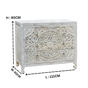 Armoire en bois sculptée à la main |   Meuble de rangement sculpté à motifs floraux blanc antique |   Buffet vintage / Commode d'appoint pour salon - Product Image 2