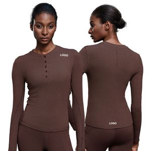 Haut <span class=keywords><strong>à</strong></span> col <span class=keywords><strong>Henry</strong></span> en modal confortable pour femmes, manches longues, col boutonné, respirant, léger, pour le fitness, l'entraînement et le yoga - Product Image 3