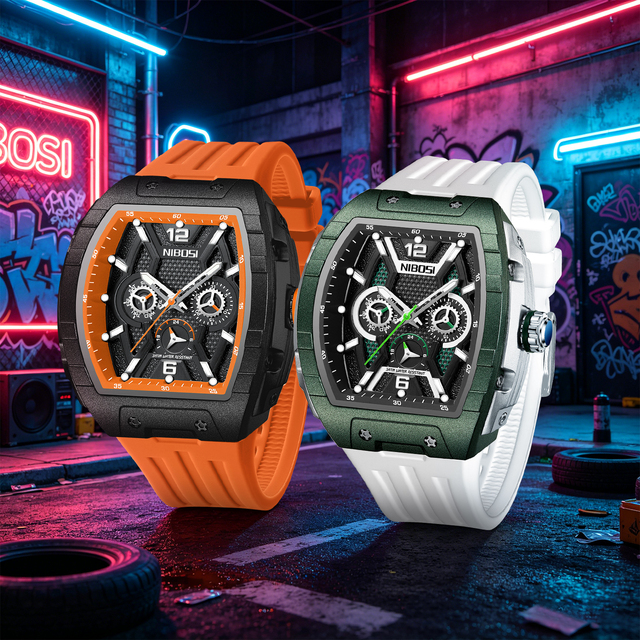 NIBOSI 2702 Custom Logo/OEM Tonneau Chronograph Quartz Wristwatch 3ATM Waterproof Silicone Strap Casual Sport Watches