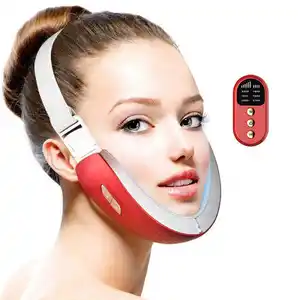 Alat kecantikan wajah leher, alat pijat dagu 3 warna led terapi foton foto getaran elektrik EMS tipe-v