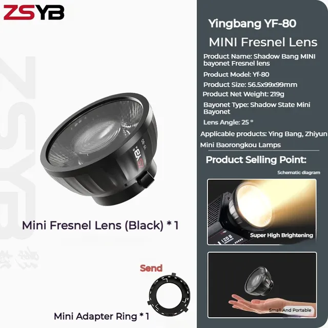 ZSYB YF-80 Fresnel Lens 9 Times Brighter Effect Baorong Mount for S100 W120B CX100 Potlight Attachment Made in Mainland China