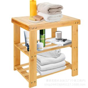 Tabouret de douche en bois Yiru 40x28x45cm, chaise de salle de bain à trois niveaux avec rangement, couleur bois naturel - Product Image 1