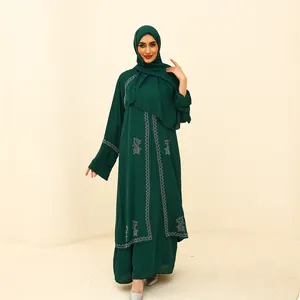 Kimono mewah terbaru Vrouwen CoatSaudi gaun sederhana Abaya Muslim Dubai pakaian etnis Islami wanita 2 potong Set Abaya terbuka