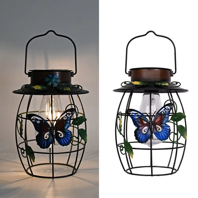 Creative Retro LED Landscape Hanging Lamp Solar Iron Butterfly Tungsten for Outdoor Courtyard Garden Application Waterproof