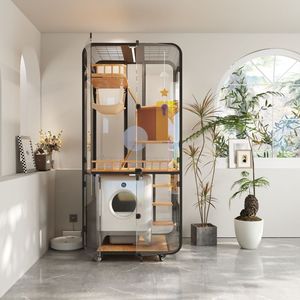 Villa moderna de lujo para gatos, nueva estructura de acero con ruedas universales, casa de madera para mascotas para sala de estar soleada - Product Image 4