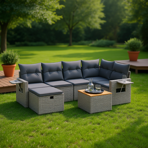 Conjunto de Sofás Modulares de Ratán Gris para Jardín, 7 Piezas, Muebles de Exterior de Diseño Contemporáneo - Product Image 2