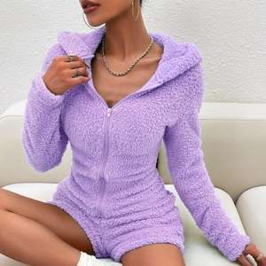 Automne hiver femmes décontracté à manches longues à capuche combinaison pur Polyester Mini barboteuse fourrure <span class=keywords><strong>polaire</strong></span> ensemble fermeture à glissière - Product Image 5